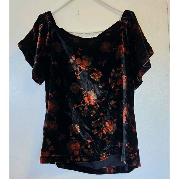 LOFT Blouse Womens M Velvet Dark Floral Whimsigoth Dark Fairy Fall Off Shoulder - Picture 5 of 9